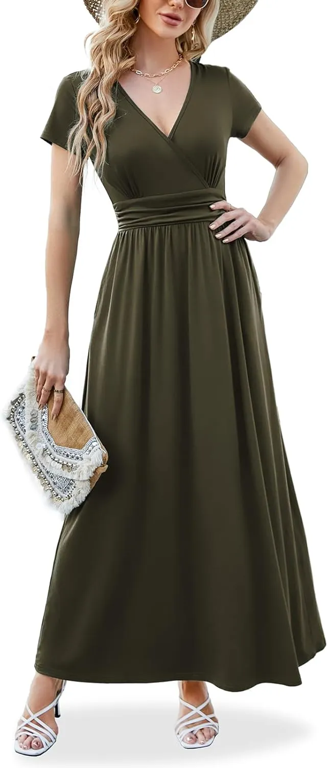 ANRILITA Maxi Dress for Women Wrap V Neck Short Sleeve Empire Pleated Waist Summer Casual Elegant Long Dresses with Pockets