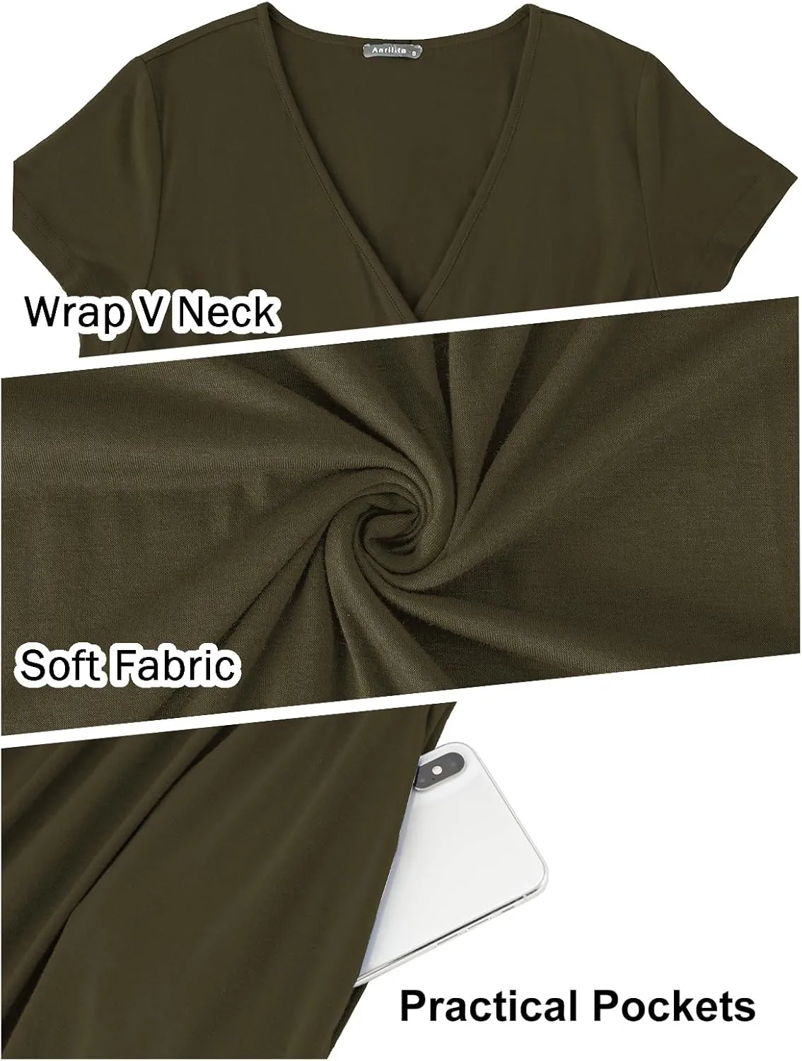 ANRILITA Maxi Dress for Women Wrap V Neck Short Sleeve Empire Pleated Waist Summer Casual Elegant Long Dresses with Pockets