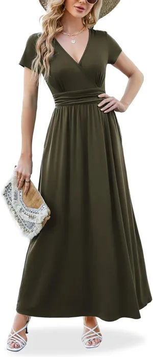 ANRILITA Maxi Dress for Women Wrap V Neck Short Sleeve Empire Pleated Waist Summer Casual Elegant Long Dresses with Pockets
