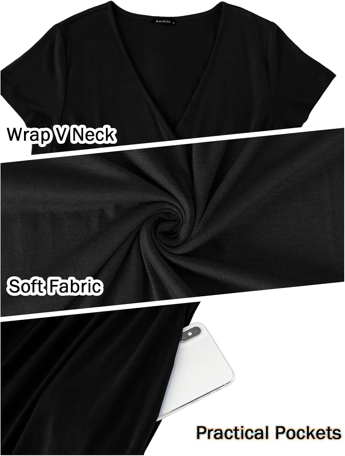 ANRILITA Maxi Dress for Women Wrap V Neck Short Sleeve Empire Pleated Waist Summer Casual Elegant Long Dresses with Pockets