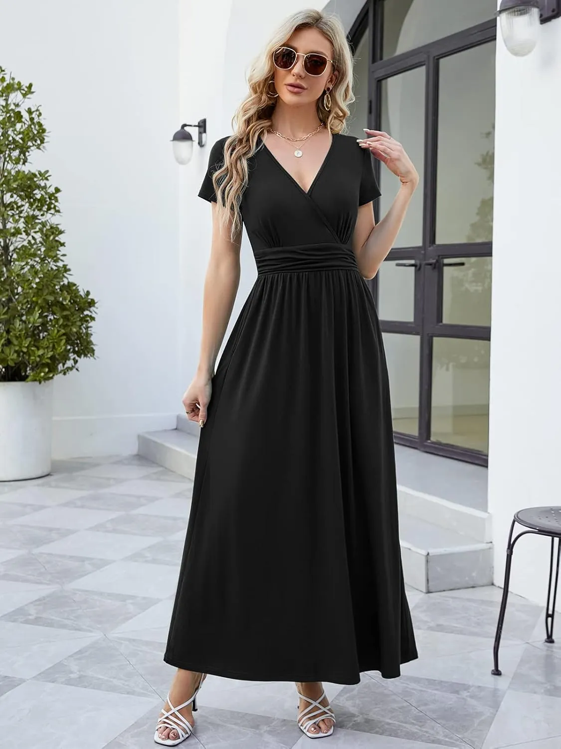 ANRILITA Maxi Dress for Women Wrap V Neck Short Sleeve Empire Pleated Waist Summer Casual Elegant Long Dresses with Pockets