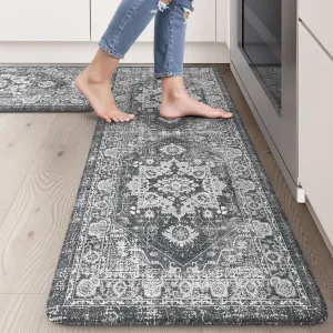Anti Fatigue Mats for Kitchen Floor, Non Skid Kitchen Mats for Floor 2 Piece Grey Kitchen Rugs Non Slip, Vintage Distressed Standing Mat for Sink,Laundry,Office
