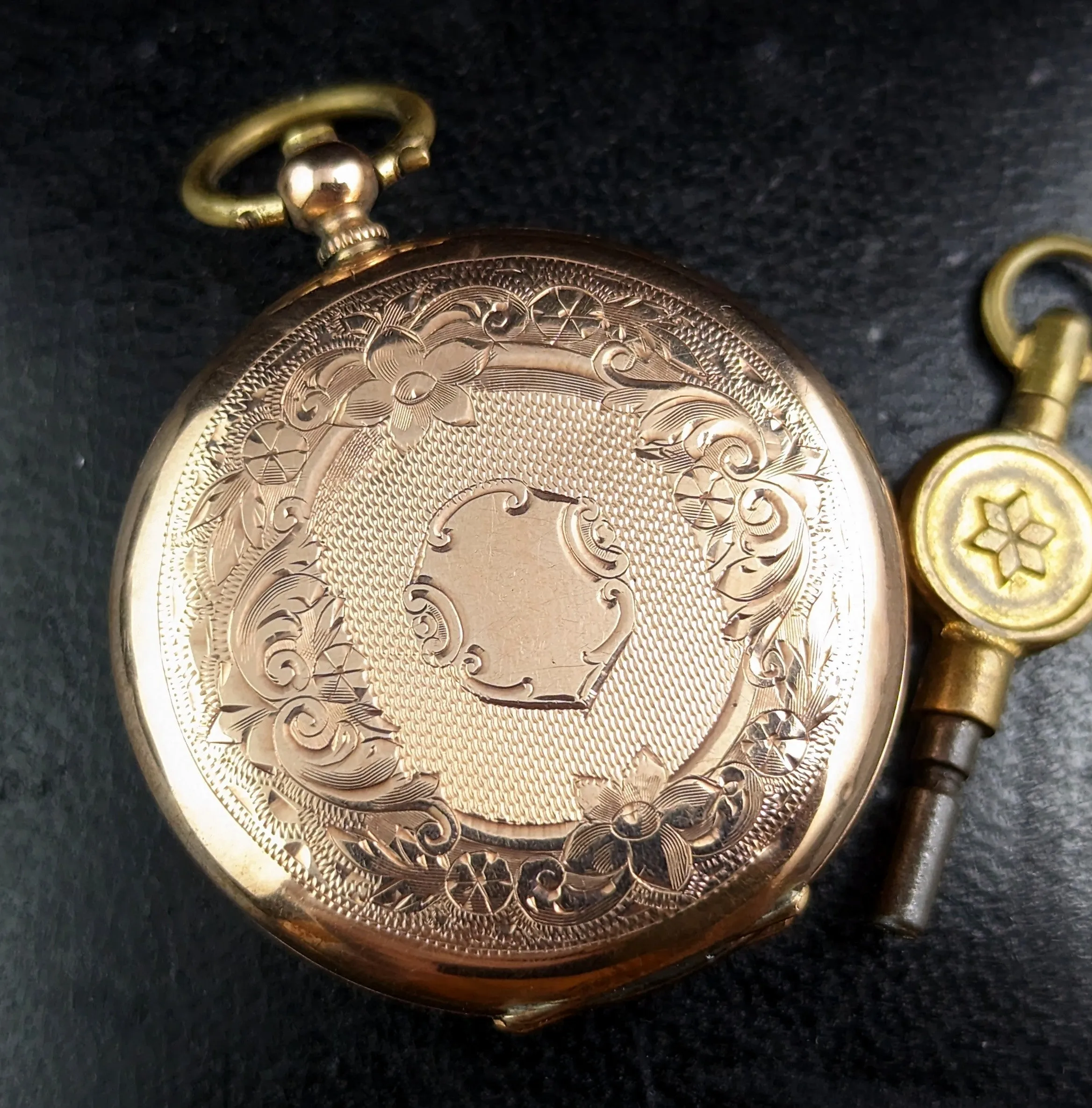 Antique 9ct gold ladies pocket watch, floral, fob watch