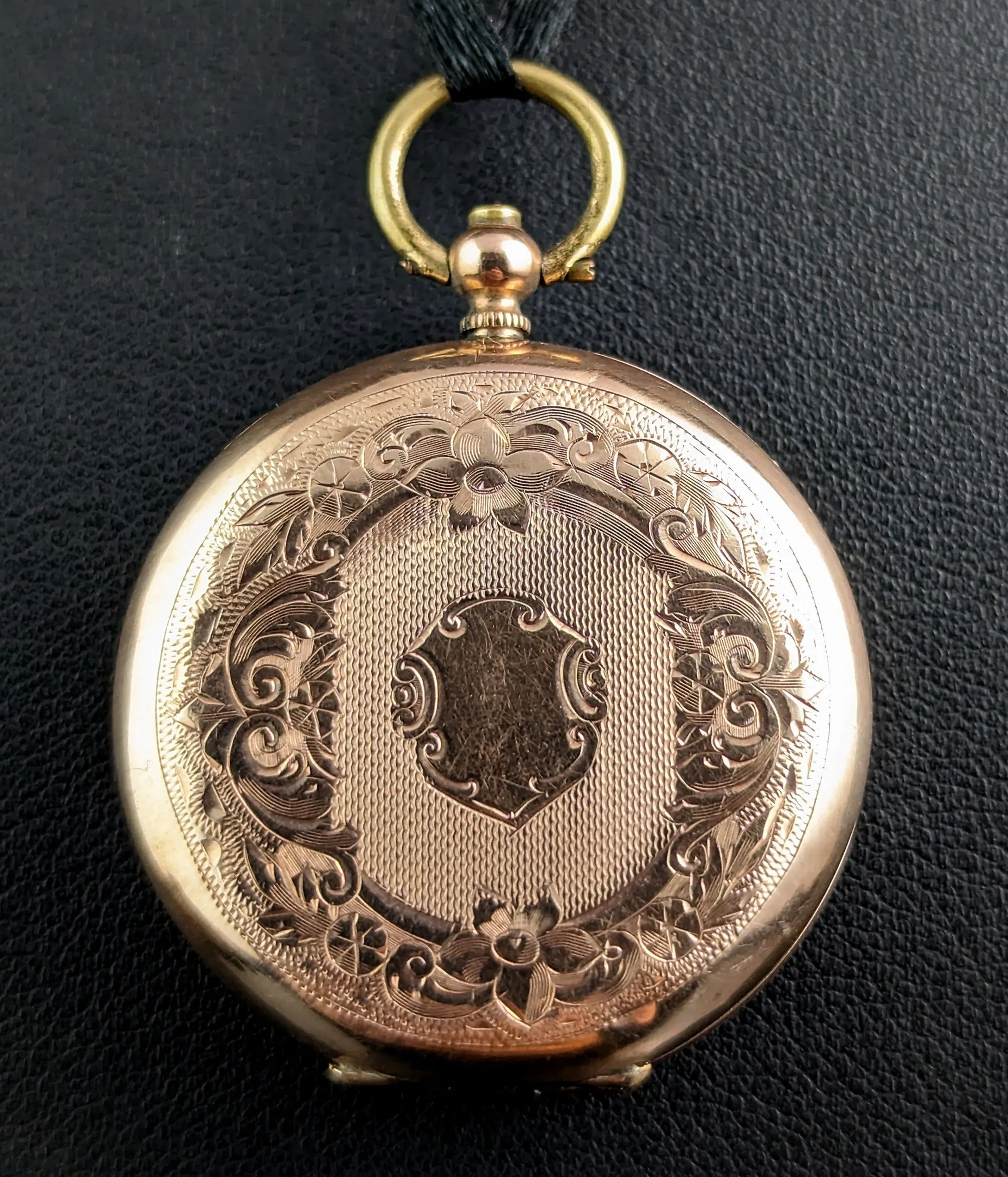 Antique 9ct gold ladies pocket watch, floral, fob watch