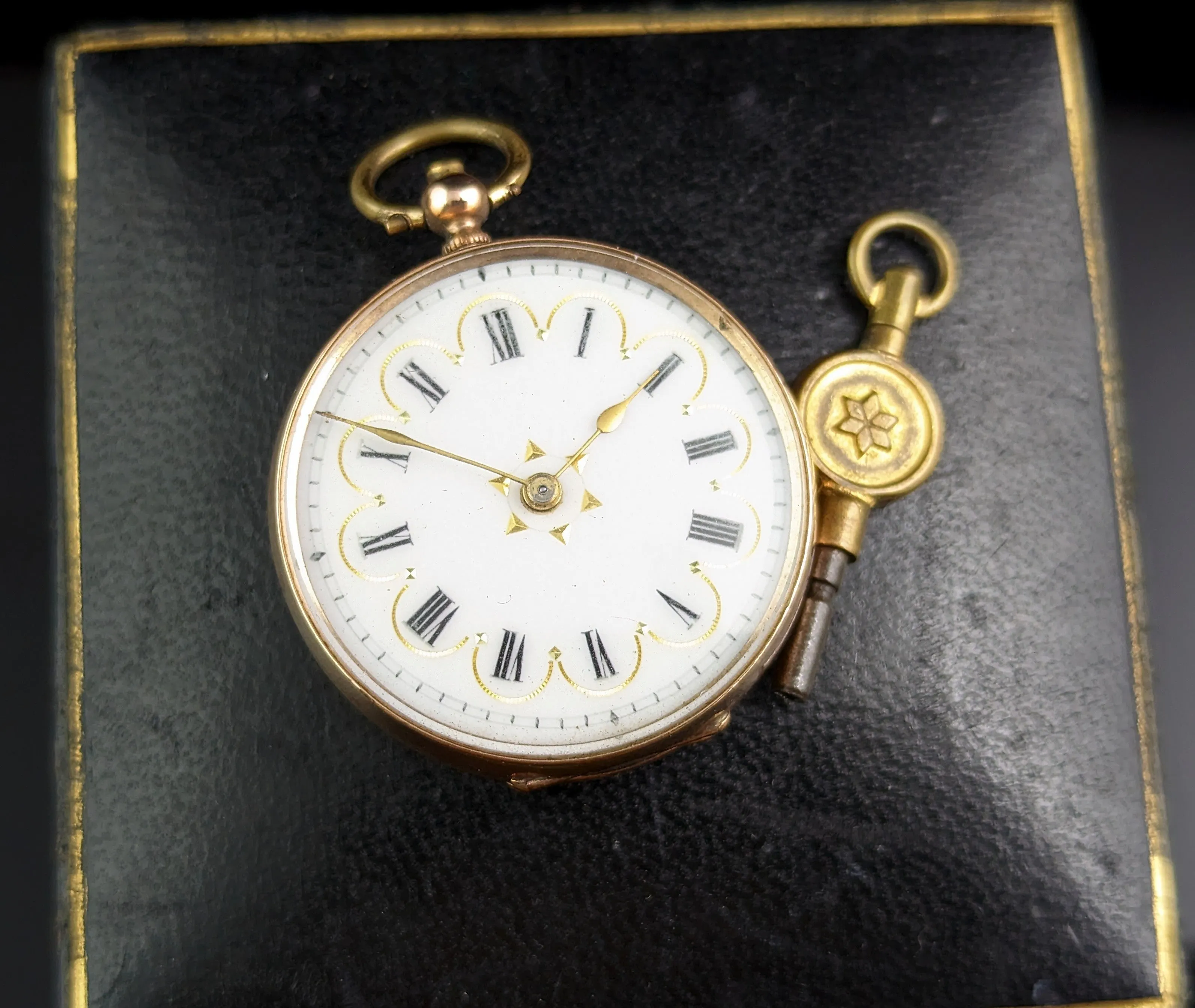 Antique 9ct gold ladies pocket watch, floral, fob watch