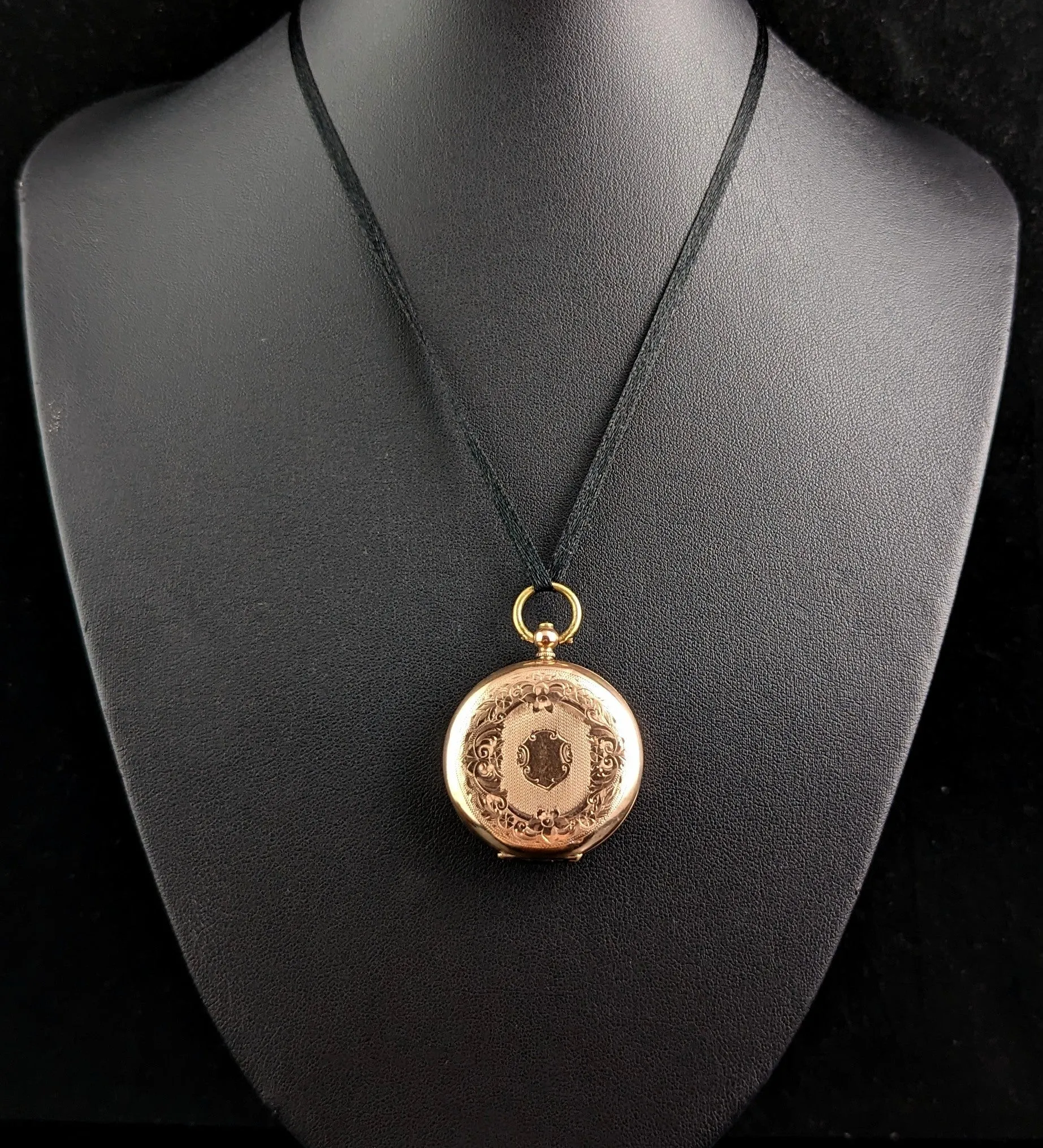 Antique 9ct gold ladies pocket watch, floral, fob watch