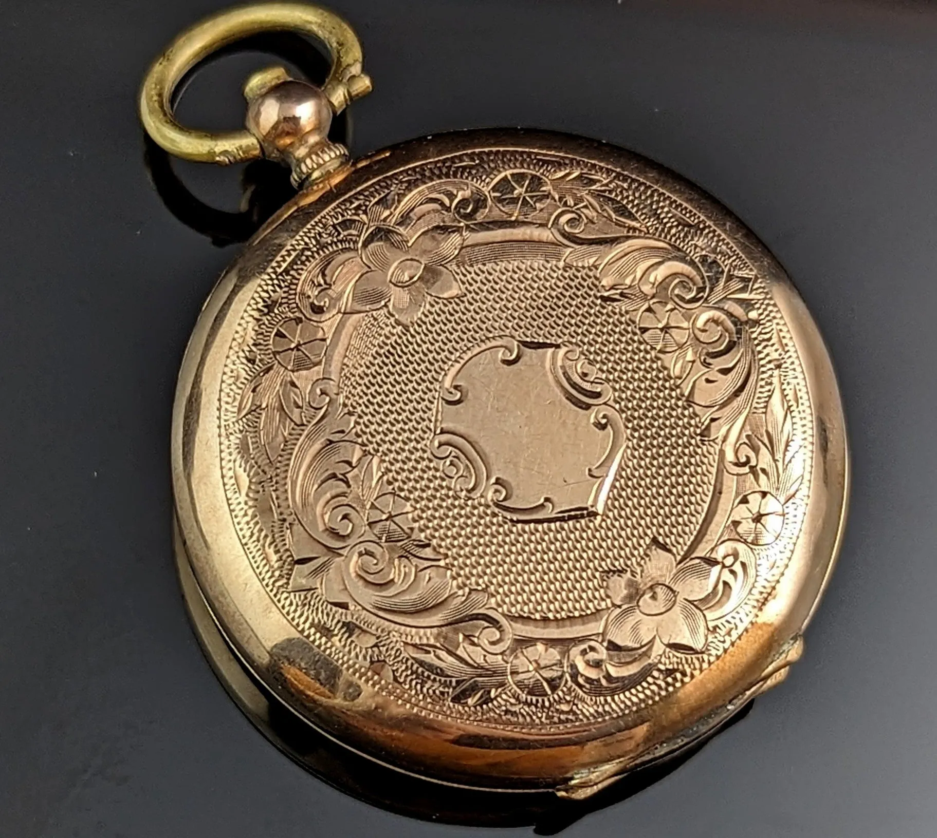 Antique 9ct gold ladies pocket watch, floral, fob watch