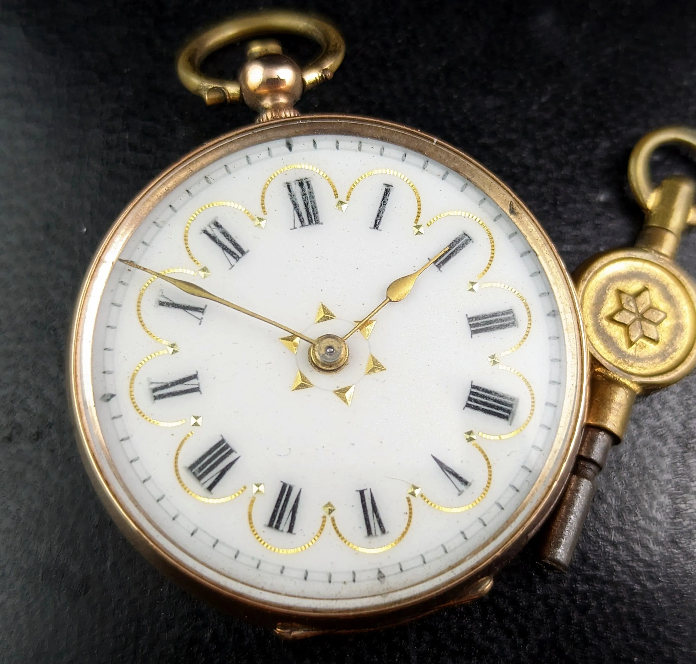 Antique 9ct gold ladies pocket watch, floral, fob watch