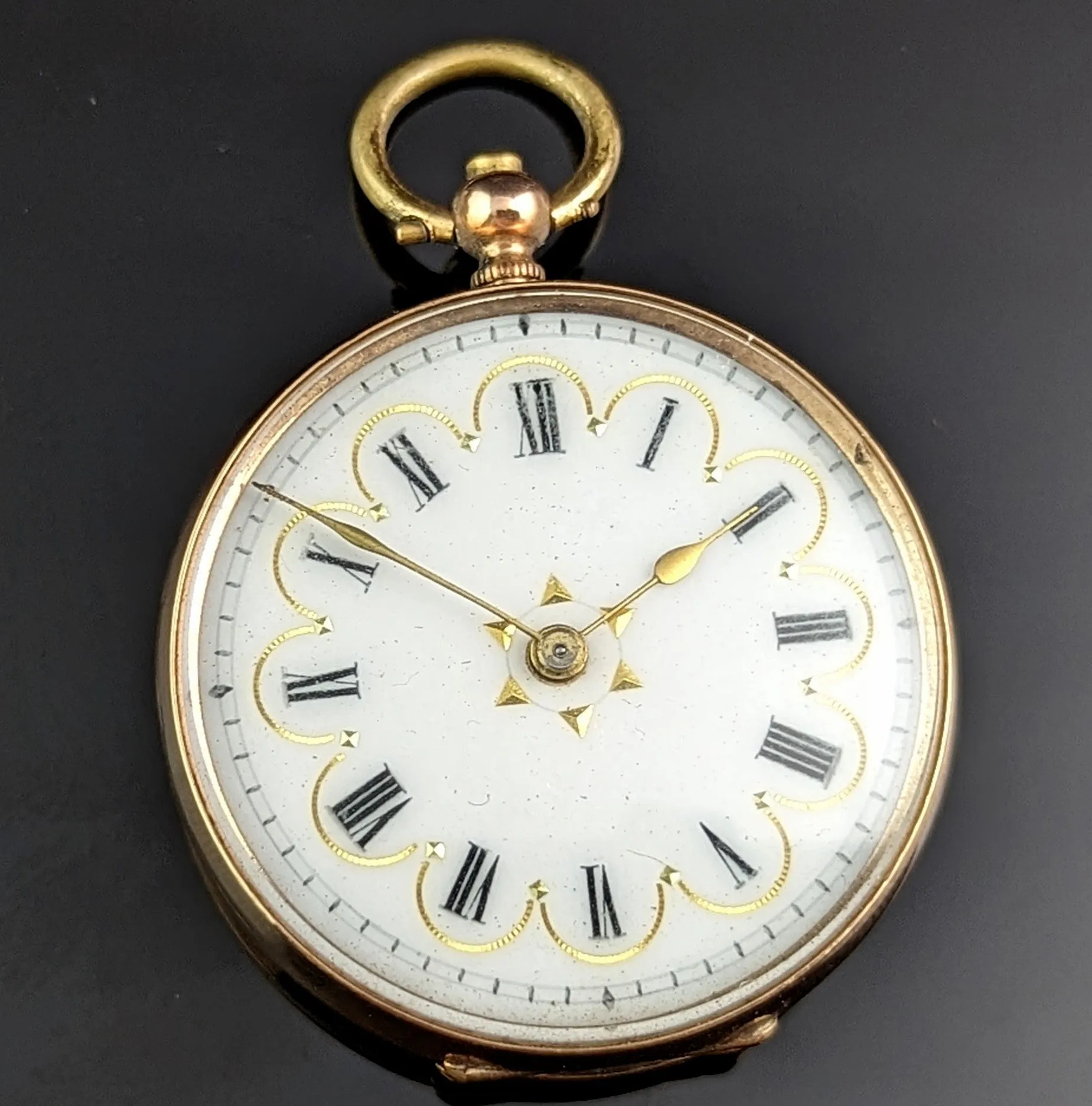 Antique 9ct gold ladies pocket watch, floral, fob watch