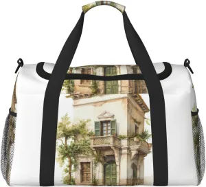 Antique Building with Roman Olive Branch and Greek Print Everyday Use Travel Duffle Bag Large Capacity Travel Bag Stylish Functional Bag