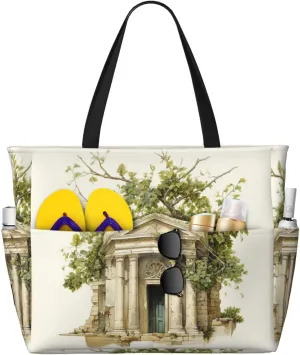 Antique Building With Roman Olive Branch And Greek Print Stylish Beach Tote Bag,Large Capacity Handbag,Perfect For Women'S Vacation And Daily Use