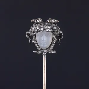 Antique Carved Moonstone Face Stickpin of Silver and 14k Gold