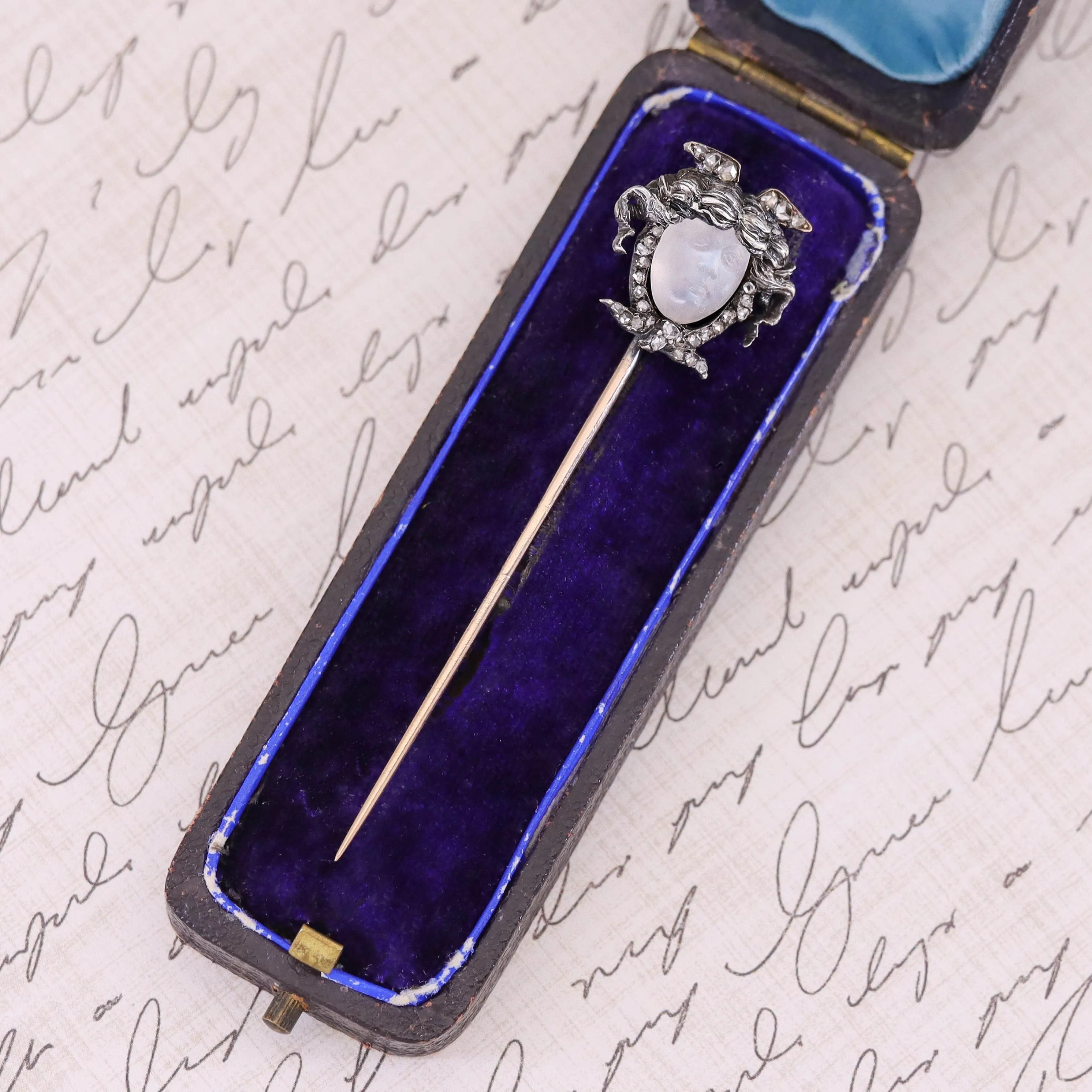 Antique Carved Moonstone Face Stickpin of Silver and 14k Gold