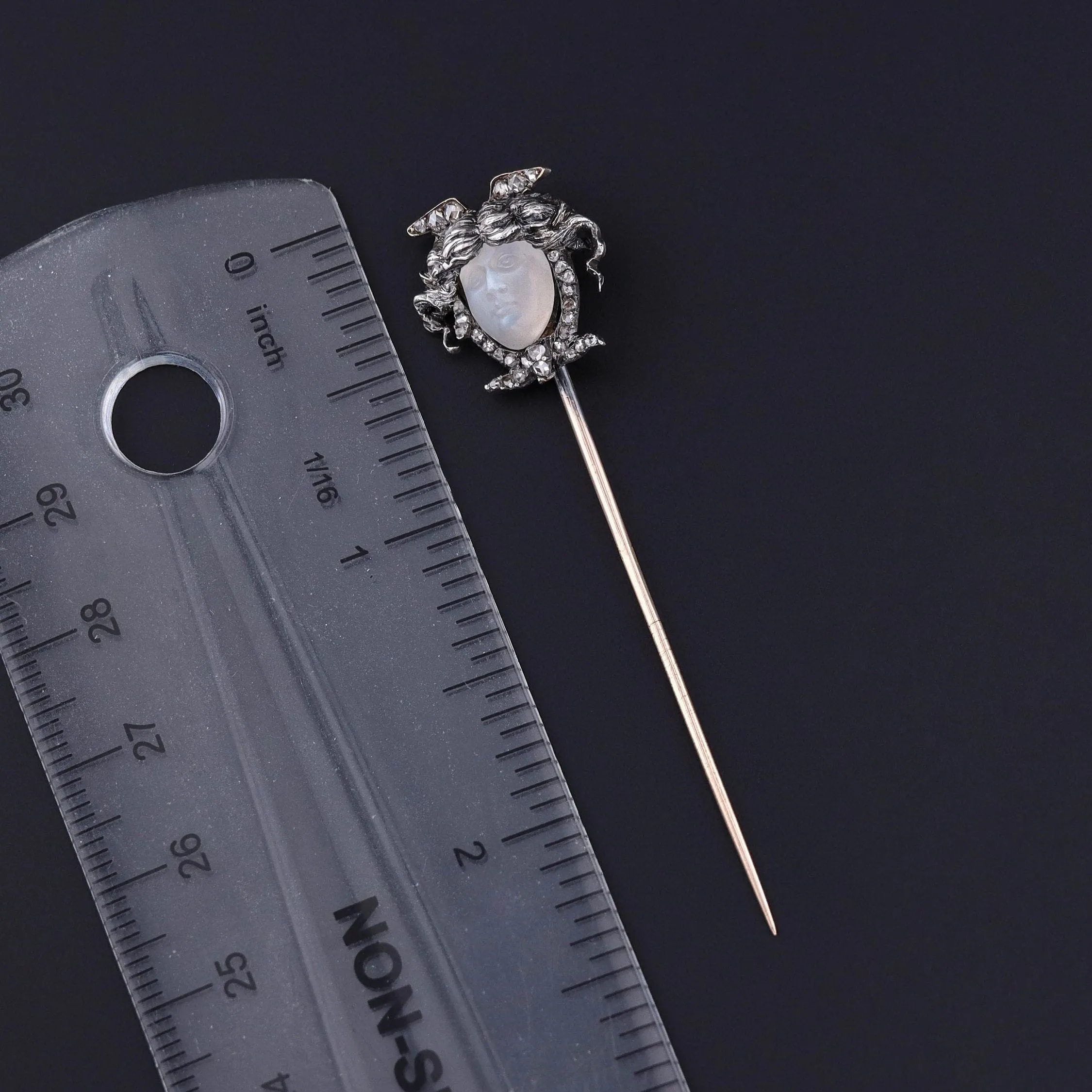 Antique Carved Moonstone Face Stickpin of Silver and 14k Gold