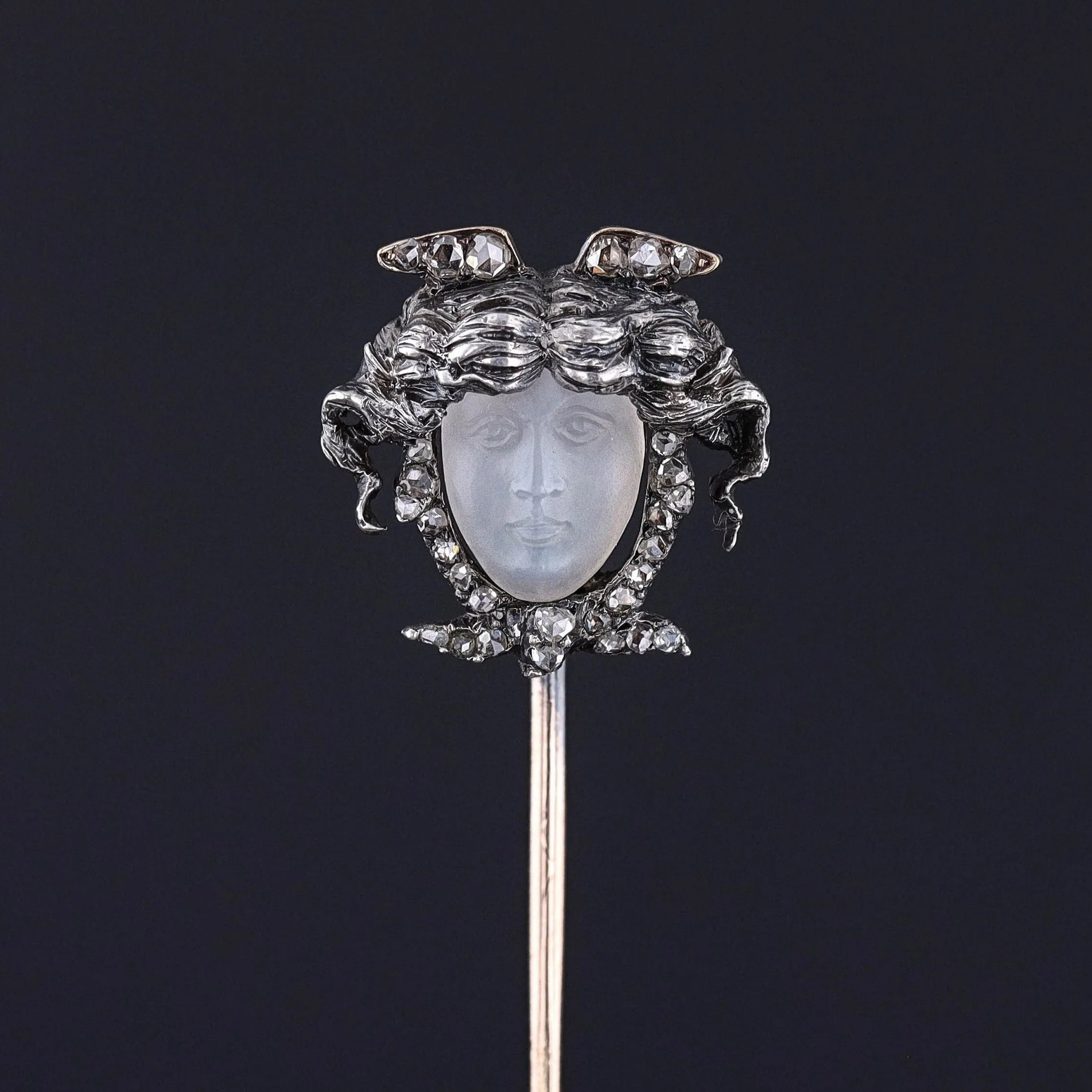 Antique Carved Moonstone Face Stickpin of Silver and 14k Gold
