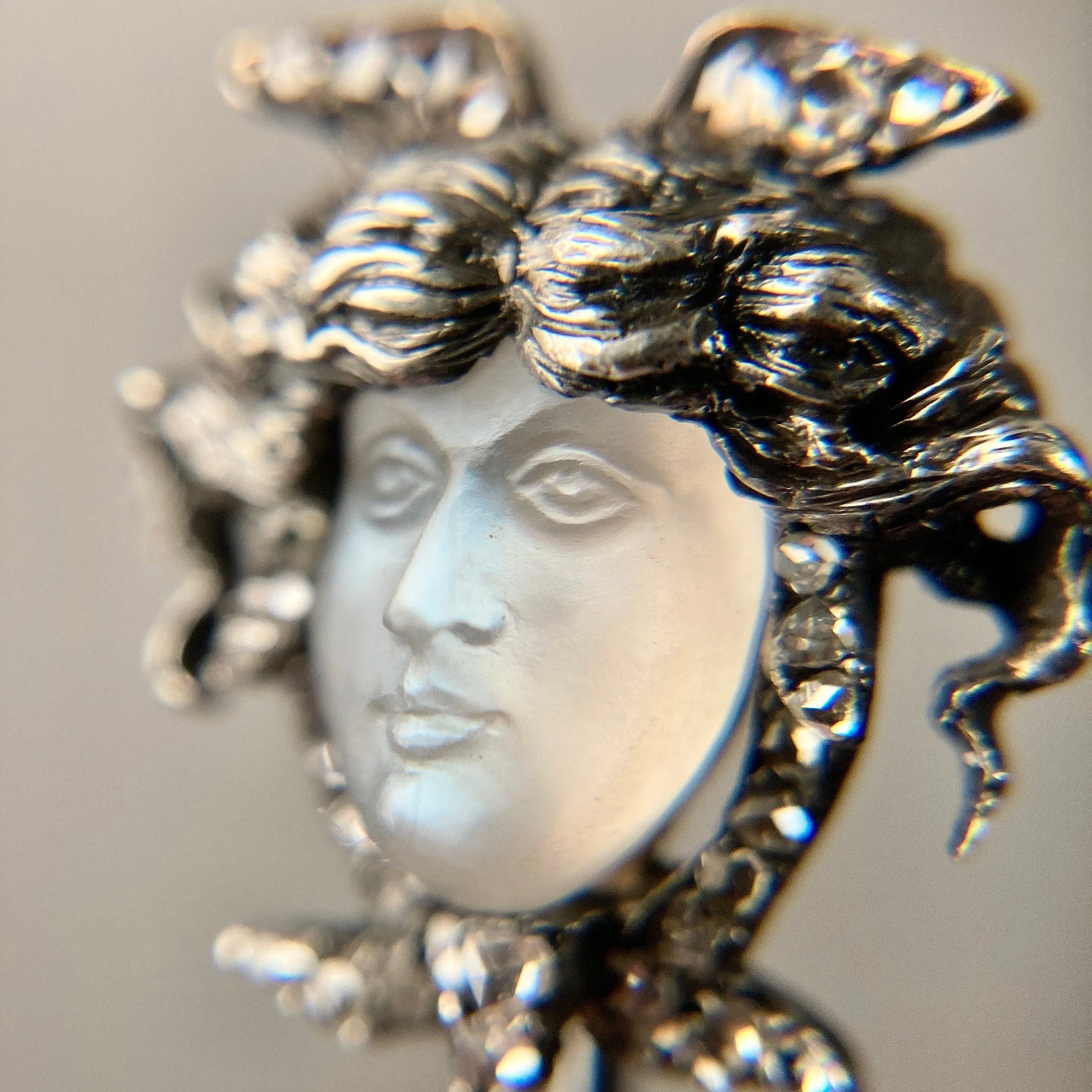 Antique Carved Moonstone Face Stickpin of Silver and 14k Gold