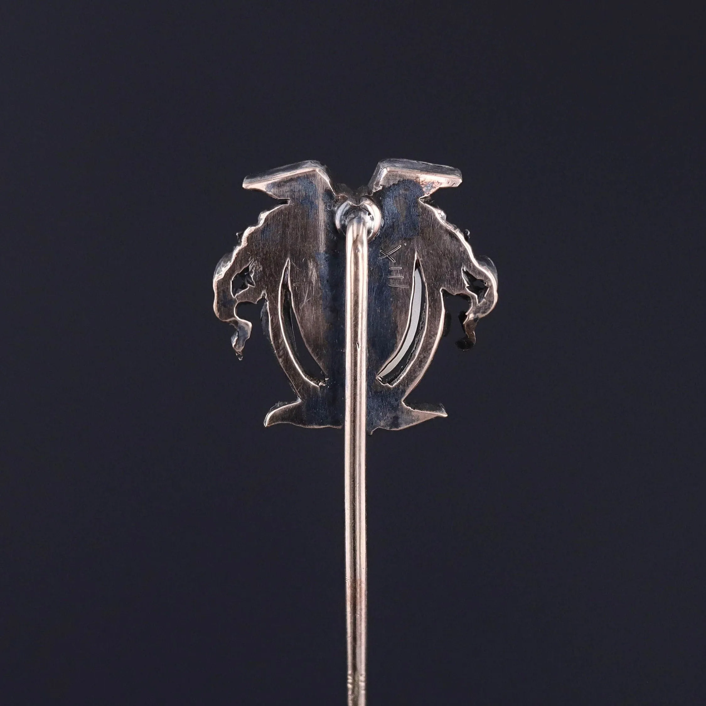 Antique Carved Moonstone Face Stickpin of Silver and 14k Gold