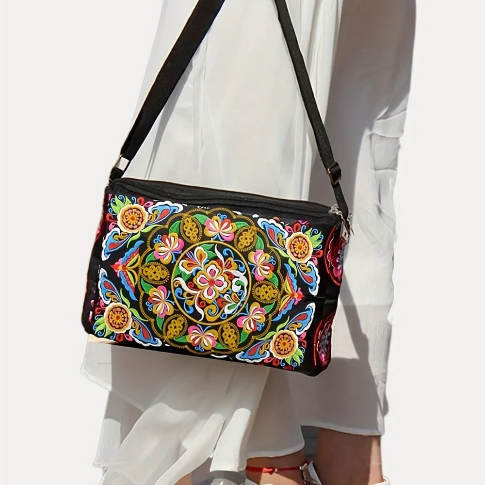 Antique Double-Sided Embroidered Crossbody Bag Women's Canvas Shoulder Bag For Mobile Phones