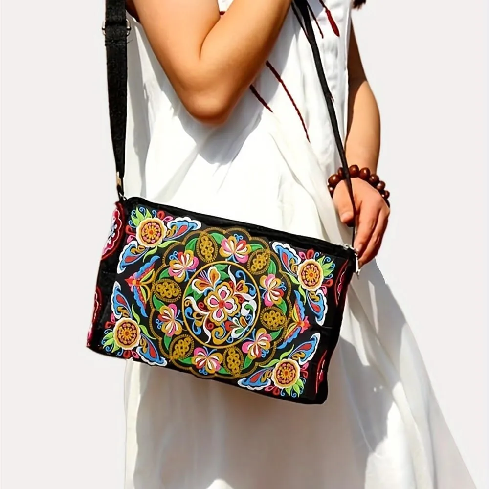 Antique Double-Sided Embroidered Crossbody Bag Women's Canvas Shoulder Bag For Mobile Phones