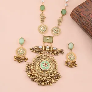 Antique Opulance Elegant Green Stone Necklace Set