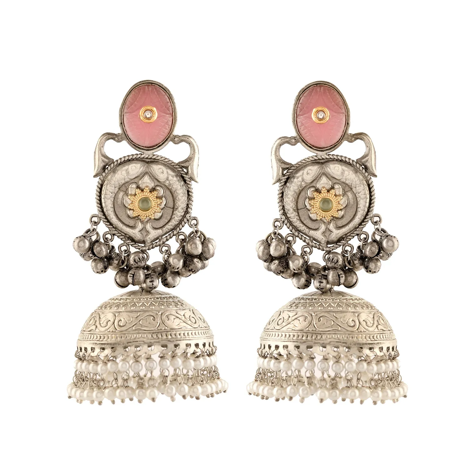 Antique Opulance Elegant Pink Statement Chandbali Jhumka Earrings