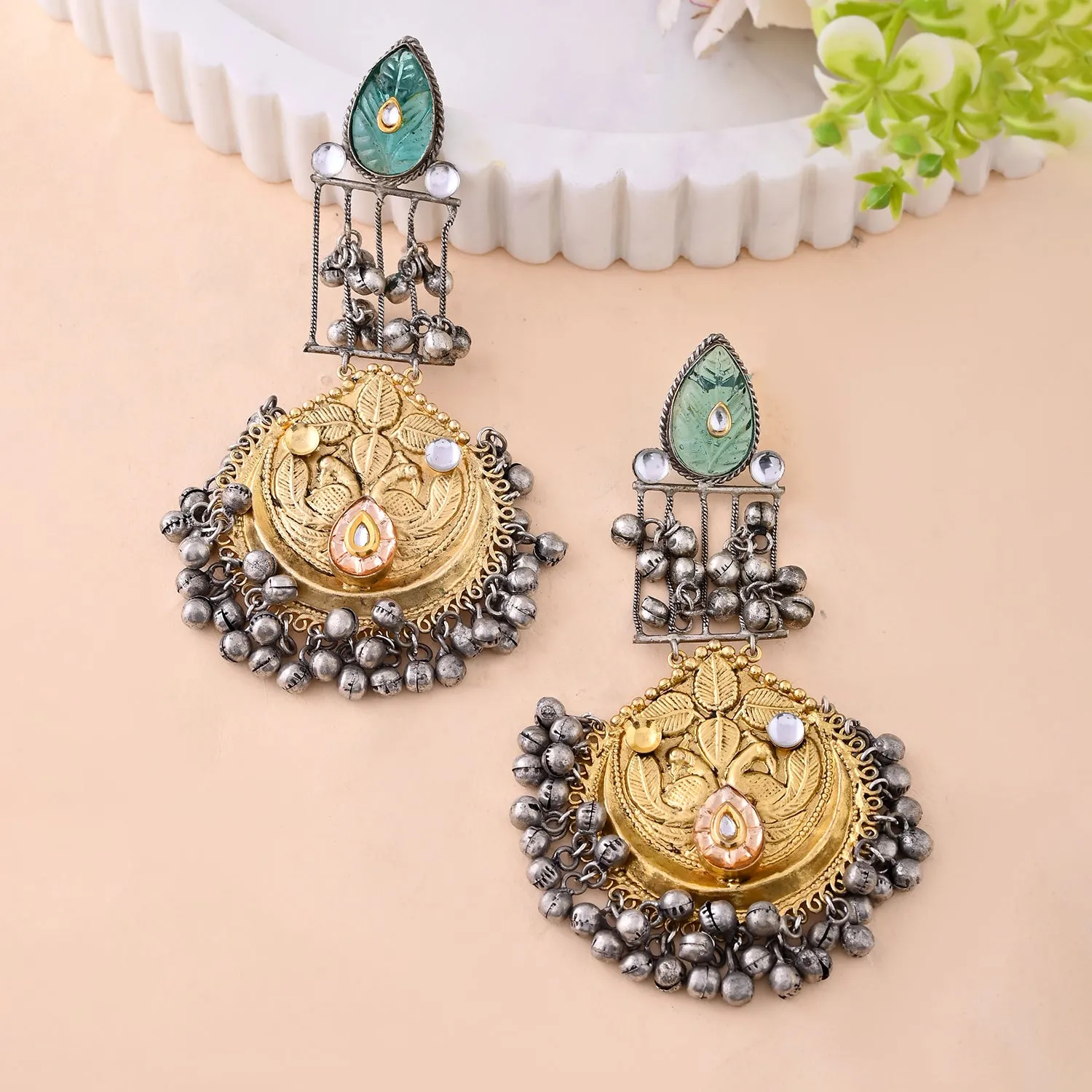 Antique Opulance Floral Statement Turquoise Chandbali Earrings