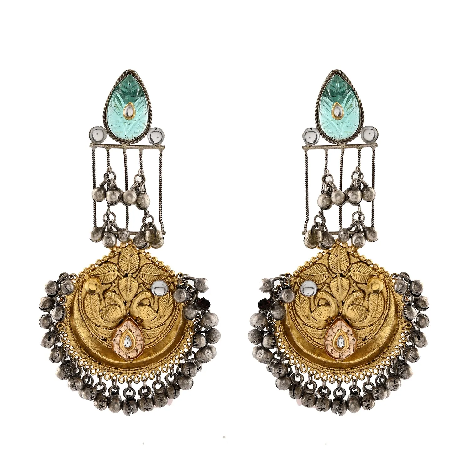 Antique Opulance Floral Statement Turquoise Chandbali Earrings