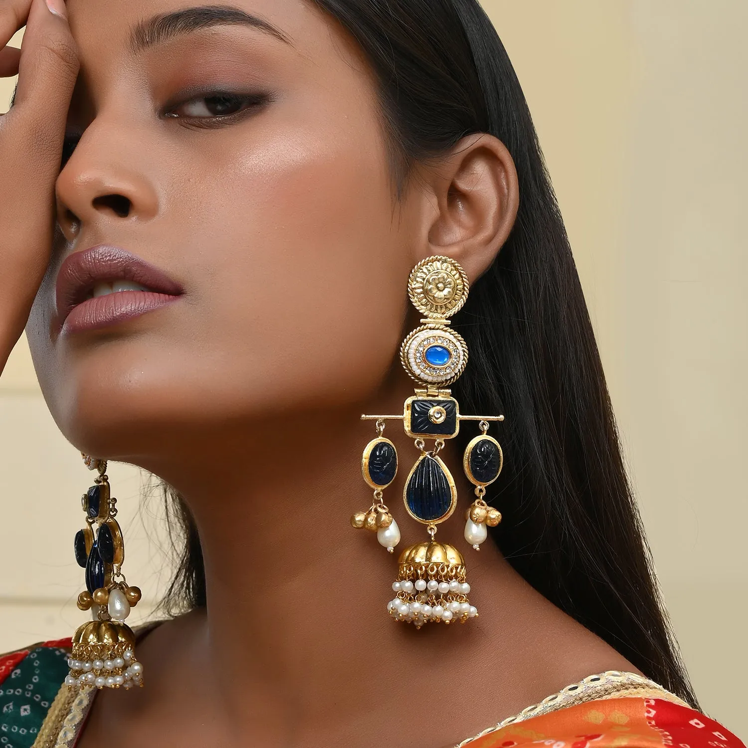 Antique Opulance Statement Blue Chandbali Earrings