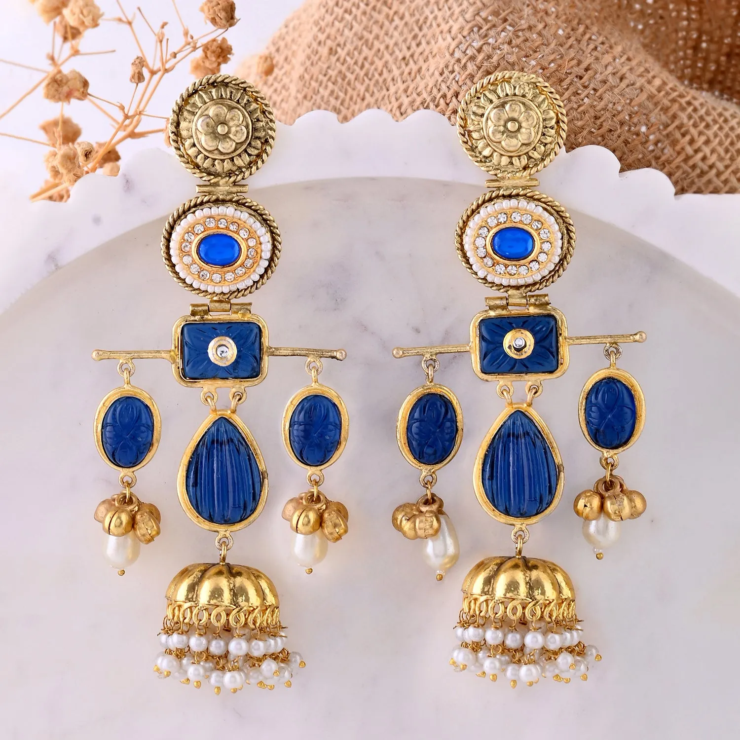 Antique Opulance Statement Blue Chandbali Earrings