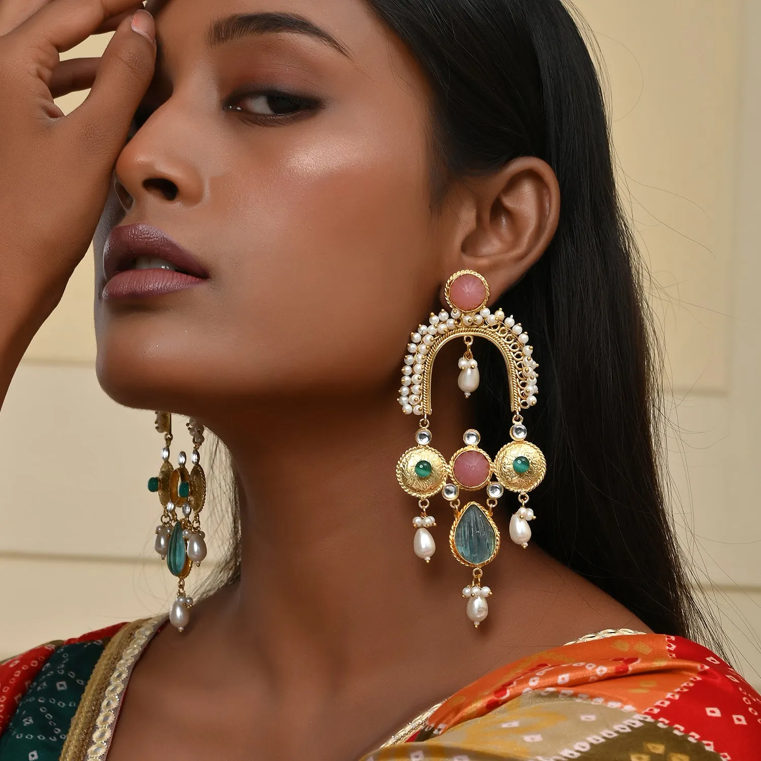 Antique Opulance Statement Pastel Pink Chandbali Earrings