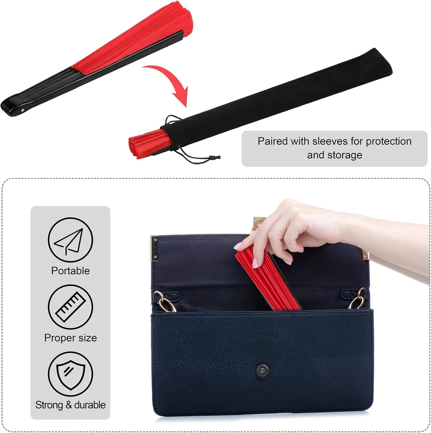 Aodaer 4 Pack Large Silk Folding Fans - Handheld Fans for Men and Women, Red