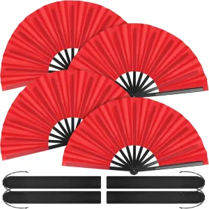 Aodaer 4 Pack Large Silk Folding Fans - Handheld Fans for Men and Women, Red