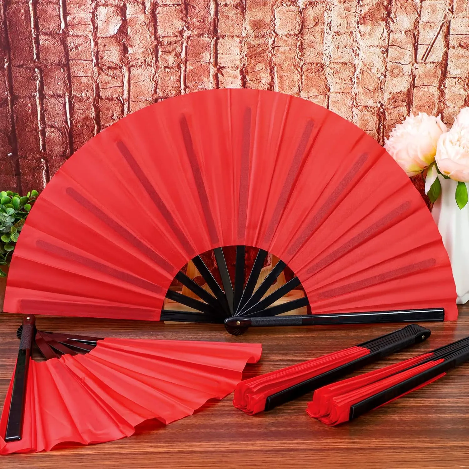 Aodaer 4 Pack Large Silk Folding Fans - Handheld Fans for Men and Women, Red