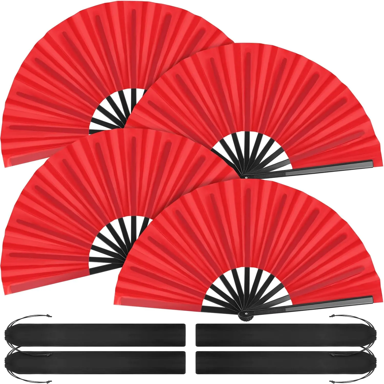 Aodaer 4 Pack Large Silk Folding Fans - Handheld Fans for Men and Women, Red