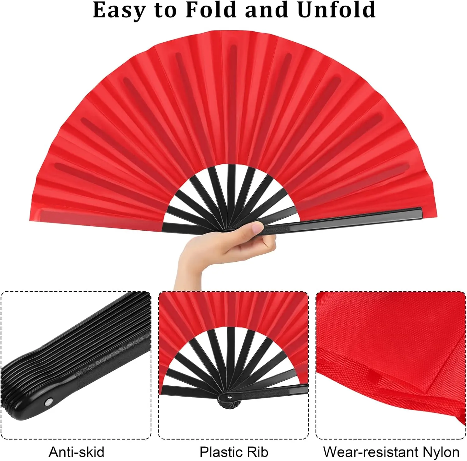 Aodaer 4 Pack Large Silk Folding Fans - Handheld Fans for Men and Women, Red