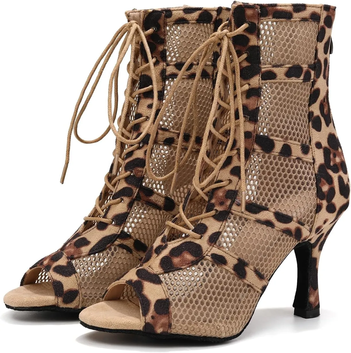 AOQUNFS Dance Heels for Women Mesh Ballroom Dance Booties Lace Up Dance Ankle Boots with Zipper