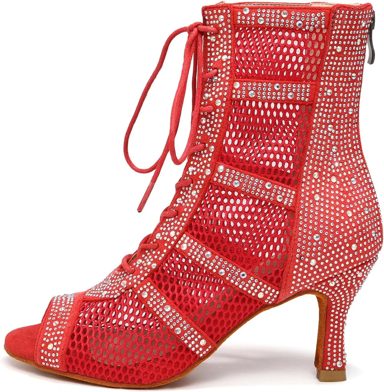 AOQUNFS Women Latin Dance Shoes Lace-up Rhinestones Ballroom Salsa Boots Dance Heels