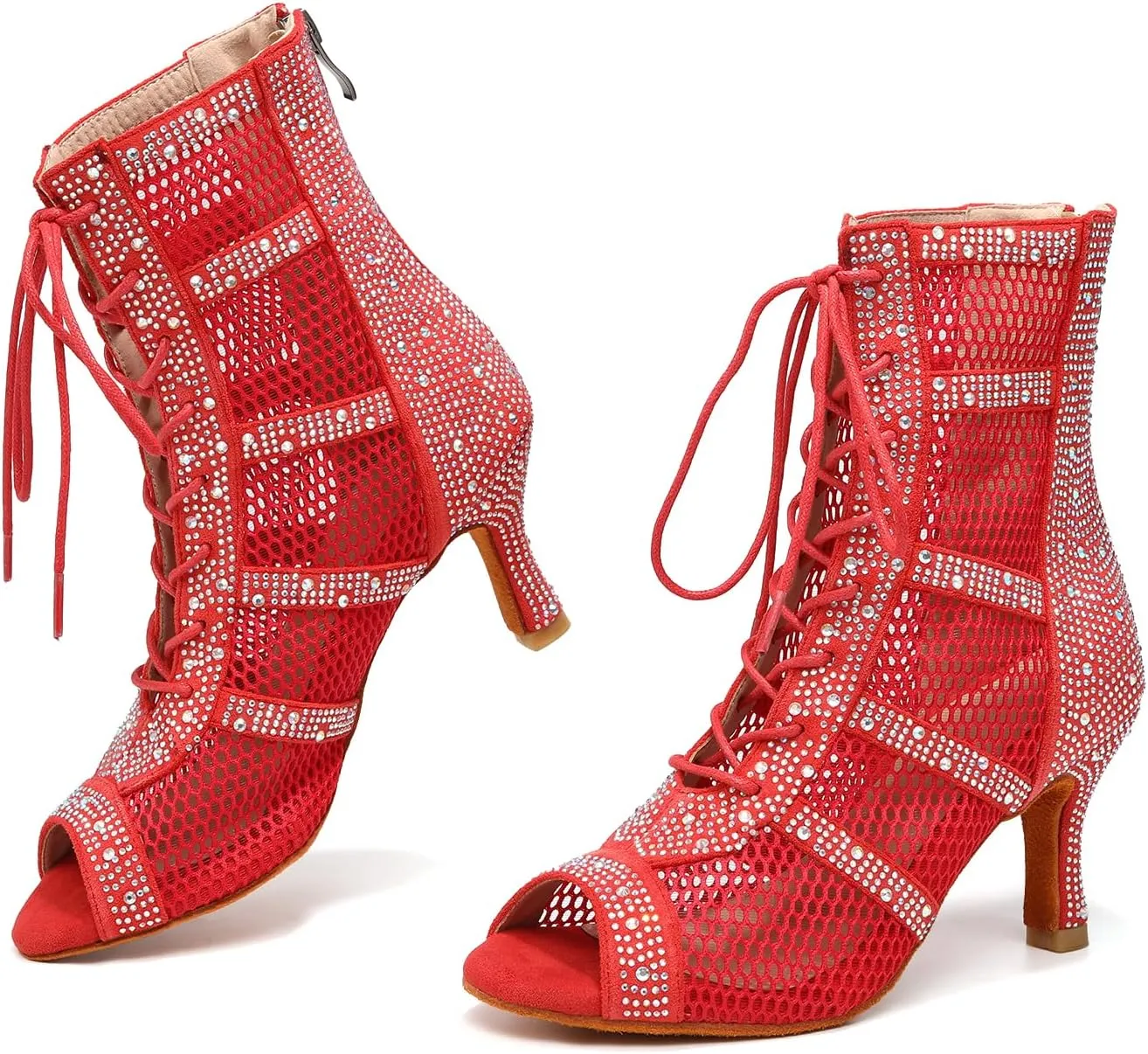 AOQUNFS Women Latin Dance Shoes Lace-up Rhinestones Ballroom Salsa Boots Dance Heels