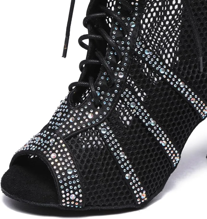 AOQUNFS Women Latin Dance Shoes Lace-up Rhinestones Ballroom Salsa Boots Dance Heels