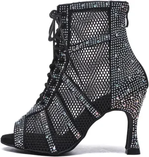 AOQUNFS Women Latin Dance Shoes Lace-up Rhinestones Ballroom Salsa Boots Dance Heels
