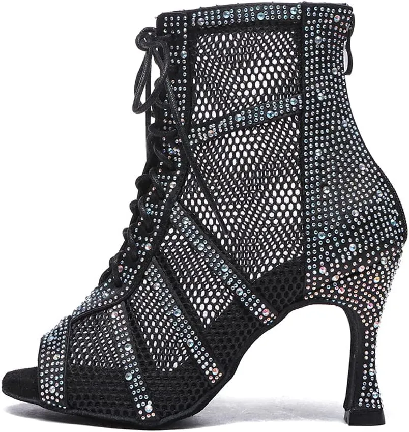 AOQUNFS Women Latin Dance Shoes Lace-up Rhinestones Ballroom Salsa Boots Dance Heels