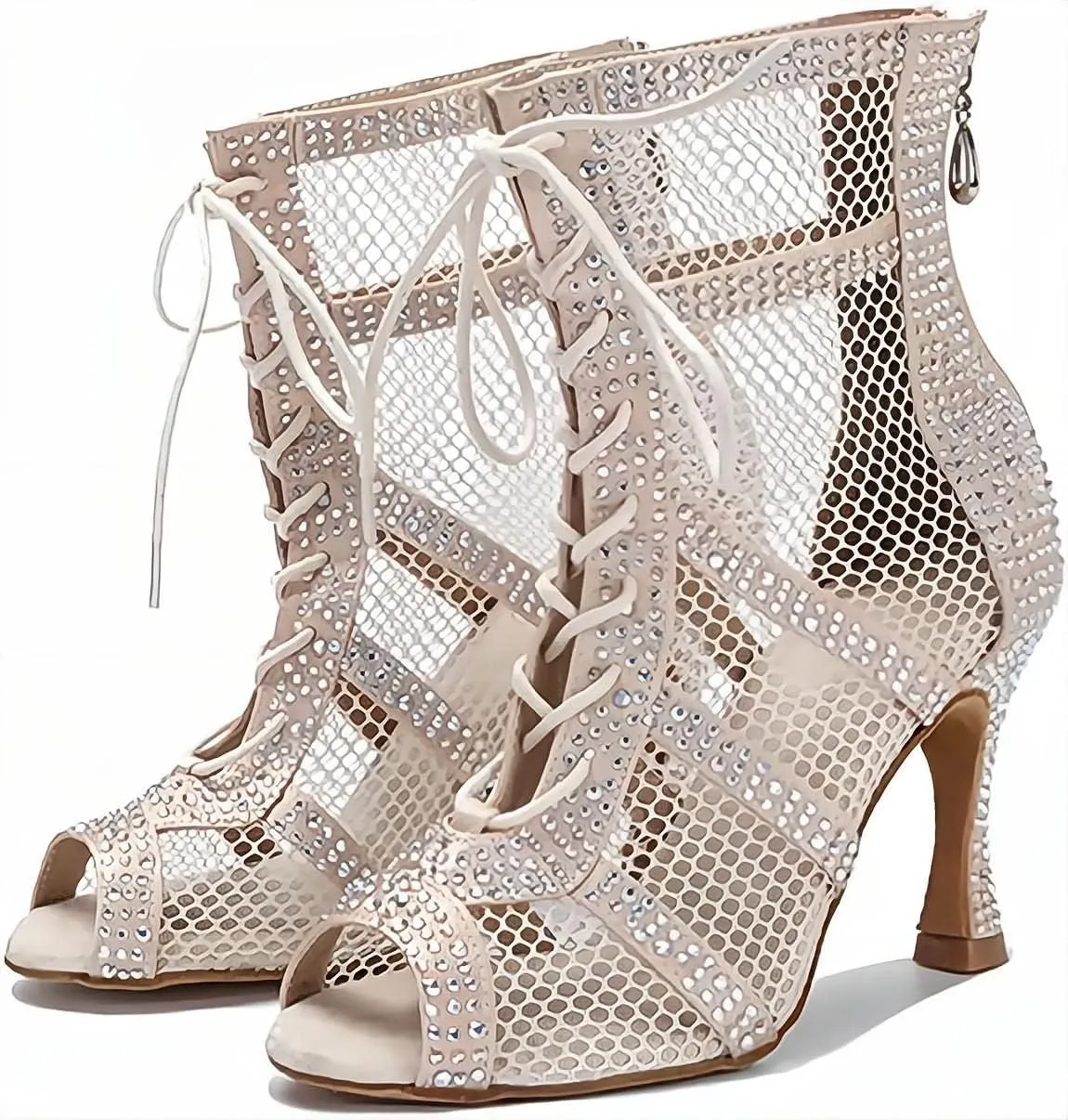 AOQUNFS Women Latin Dance Shoes Lace-up Rhinestones Ballroom Salsa Boots Dance Heels