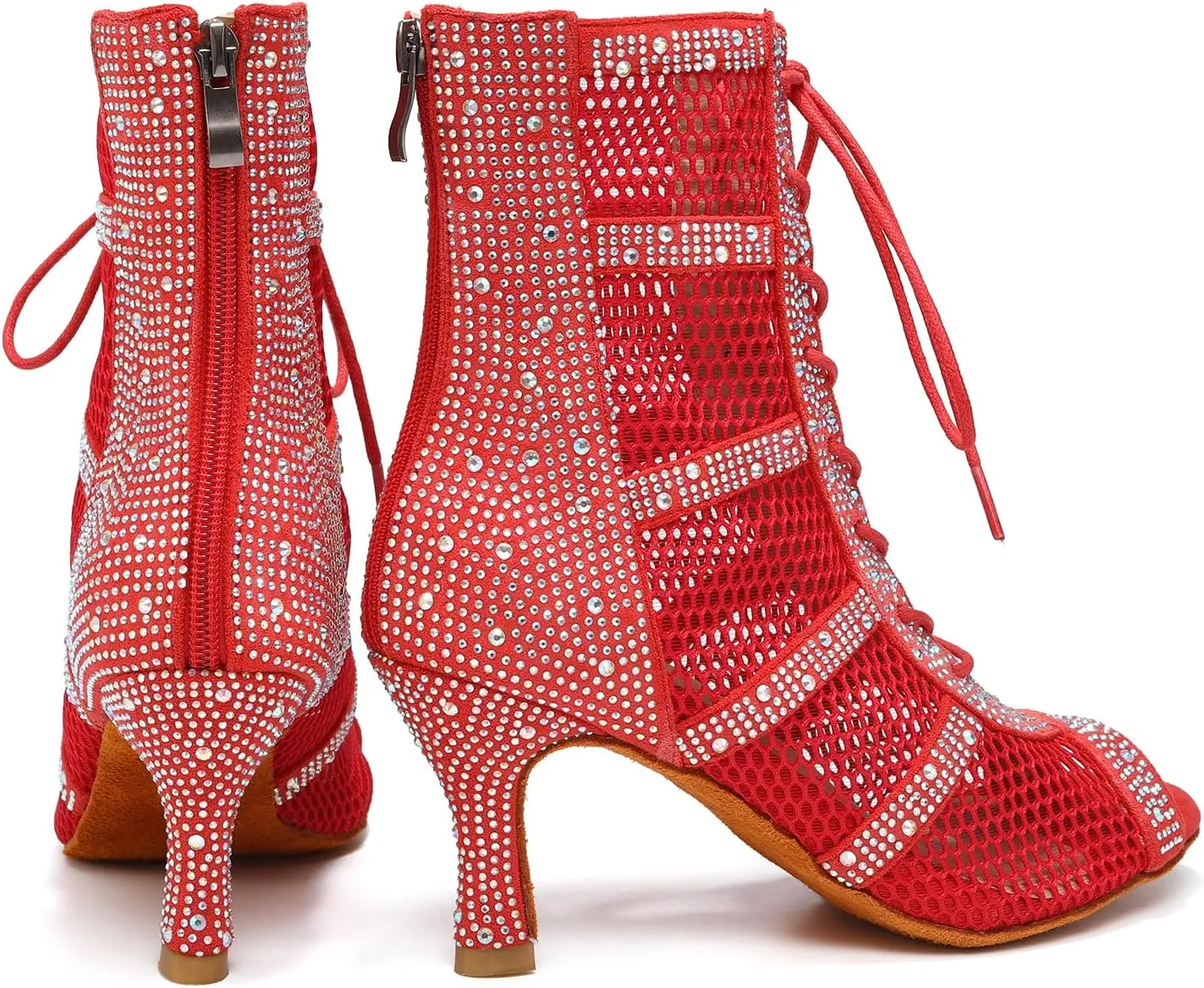 AOQUNFS Women Latin Dance Shoes Lace-up Rhinestones Ballroom Salsa Boots Dance Heels