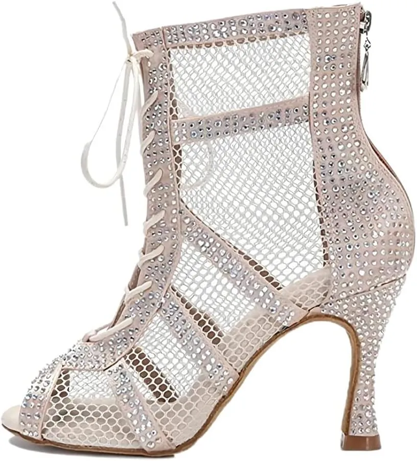 AOQUNFS Women Latin Dance Shoes Lace-up Rhinestones Ballroom Salsa Boots Dance Heels