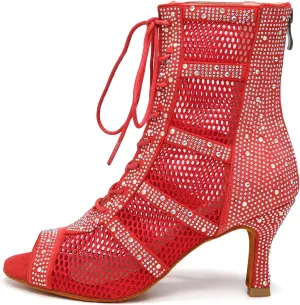 AOQUNFS Women Latin Dance Shoes Lace-up Rhinestones Ballroom Salsa Boots Dance Heels