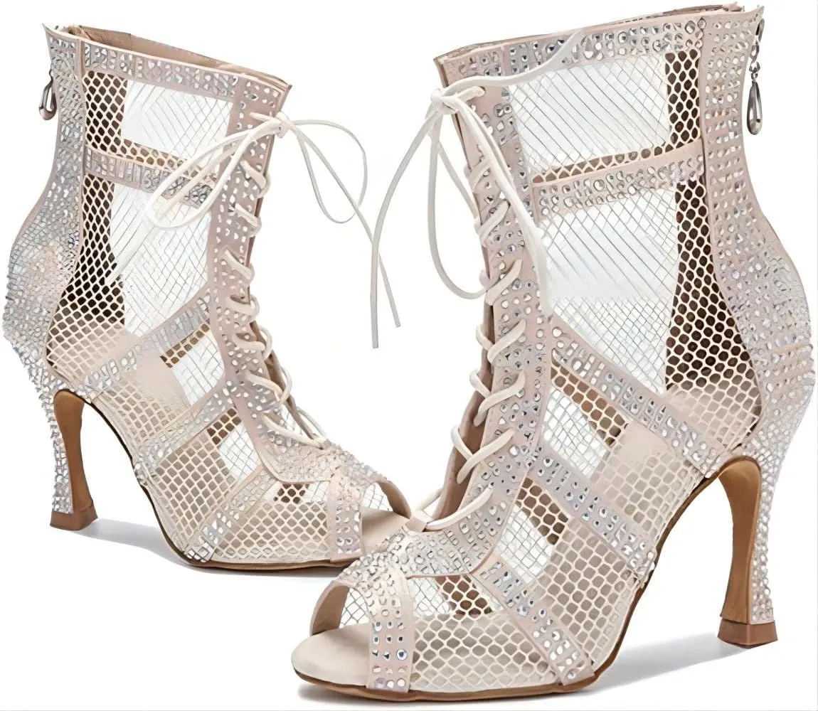AOQUNFS Women Latin Dance Shoes Lace-up Rhinestones Ballroom Salsa Boots Dance Heels