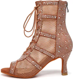 AOQUNFS Women Latin Dance Shoes Lace-up Rhinestones Ballroom Salsa Boots Dance Heels