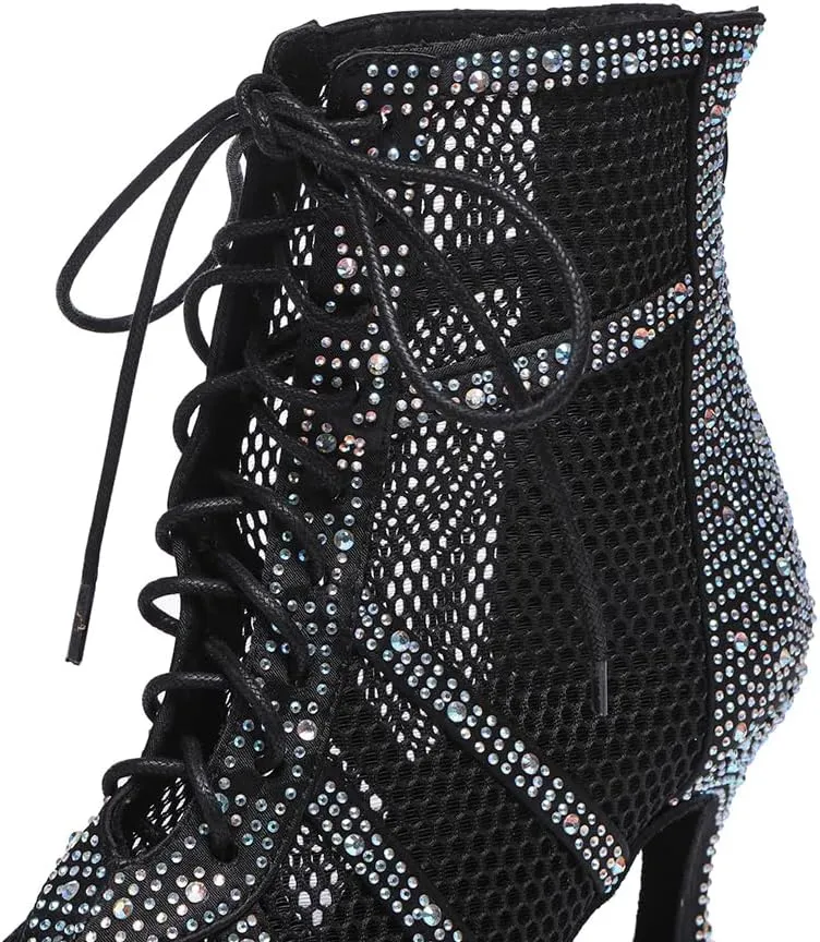 AOQUNFS Women Latin Dance Shoes Lace-up Rhinestones Ballroom Salsa Boots Dance Heels
