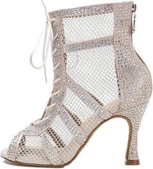 AOQUNFS Women Latin Dance Shoes Lace-up Rhinestones Ballroom Salsa Boots Dance Heels