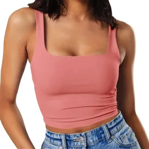 Artfish Women's Sleeveless Strappy Tank Square Neck Double Layer Workout Fitness Casual Basic Crop Tops